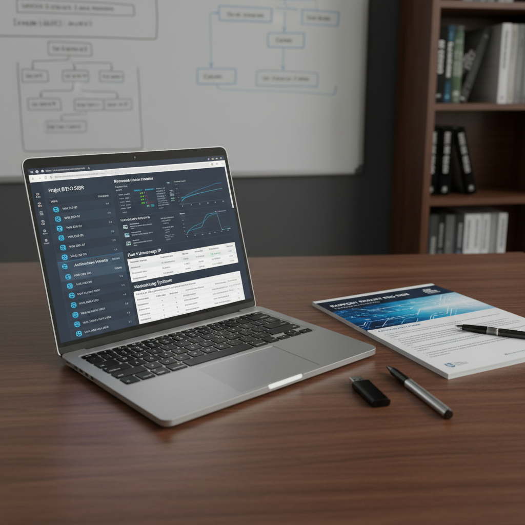 An open laptop on a dark walnut desk displaying a detailed BTS SIO project dashboard: virtual machines list, IP addressing plan, and system monitoring graphs in a modern web interface. Beside it lies a neatly printed BTS SIO SISR project report with visible headings, tables, and a stylized cover page, along with a slim USB drive and a pen. Soft studio lighting from the left creates subtle highlights on the laptop’s brushed aluminum surface and gentle shadows from the report pages. Background elements, such as a blurred whiteboard filled with structured notes and a bookshelf with neatly arranged tech manuals, reinforce the academic context. Photographic realism, shot at a three-quarter angle, rule-of-thirds composition, calm and methodical mood emphasizing professionalism and documentation quality.
