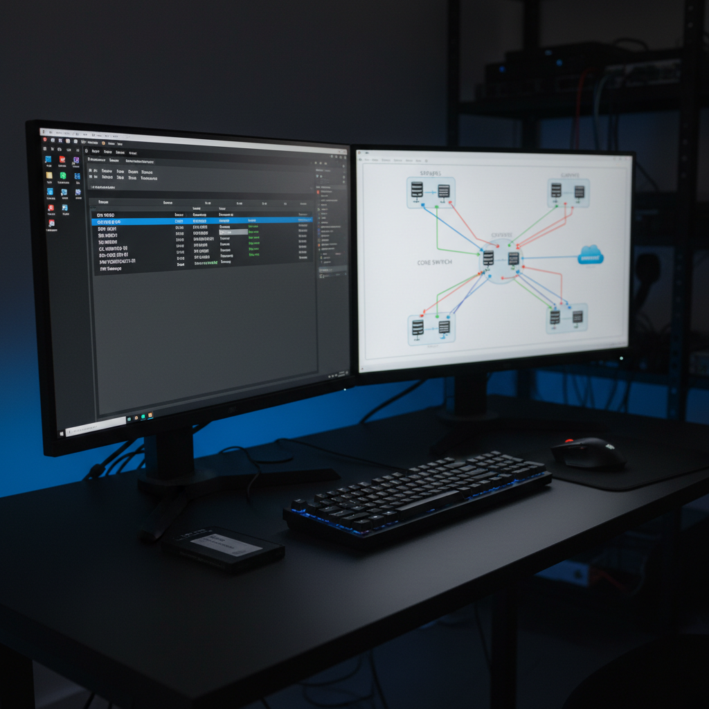 A virtualized lab environment visualized on a dual-monitor setup: the left screen shows a hypervisor console listing multiple virtual machines for servers, clients, and firewalls; the right screen displays a colorful network map diagram connecting them. The monitors sit on a matte black desk with a compact keyboard and mouse, and a small external SSD resting nearby labeled “VM Backup”. Subtle RGB backlighting under the monitors adds a faint blue glow onto the desk surface. The room is otherwise dim, with the primary illumination coming from the screens, casting soft reflections and creating a focused, immersive atmosphere. Photographic realism, slightly angled side view, shallow depth of field with the monitors in sharp focus, conveying a professional yet modern, high-tech BTS SIO SISR lab.