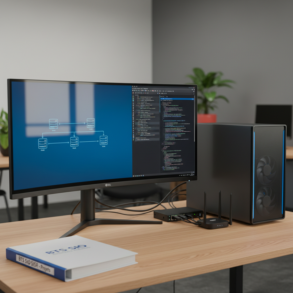 A sleek, modern workstation dedicated to BTS SIO studies, featuring a high-resolution monitor displaying a clean network diagram and lines of code in a dark-themed IDE. A compact, matte-black desktop tower with subtle blue LED accents sits beside it, with neatly routed Ethernet cables feeding into a small managed switch and router. The desk is a smooth light oak surface, uncluttered except for a closed binder labeled “BTS SIO SISR – Projets”. Soft, diffused daylight from an unseen window illuminates the scene, creating gentle reflections on the screen and mild shadows under the hardware. Photographic realism, eye-level composition, shallow depth of field, with the background fading into a softly blurred, professional office environment, evoking focus, rigor, and technical competence.