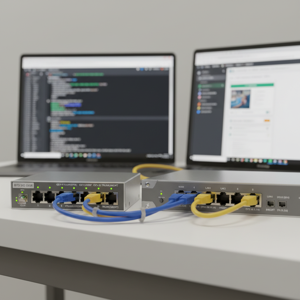 A close-up, photographic-realistic view of a network configuration setup for BTS SIO SISR: a compact managed switch and a professional router on a clean white bench, each device clearly showing status LEDs and labeled ports. Several short, high-quality Ethernet cables connect them, with visible, legible port labels that hint at VLANs and different subnets. Behind them, a softly out-of-focus laptop screen shows a terminal window with network configuration lines and a web interface for device management. Neutral, diffused lighting from above creates a lab-like, objective feel, with minimal shadows and crisp detail. Captured from a slightly elevated angle with moderate depth of field, the composition feels technical, precise, and didactic, ideal to illustrate practical networking skills in a portfolio.